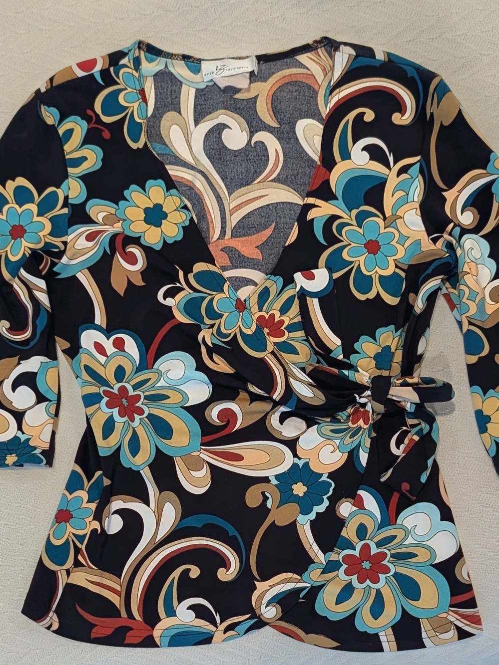 Vintage Floral Wrap Top in Black & Teal - By Byer California Size S